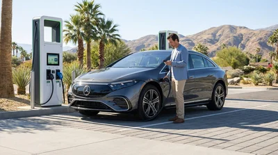 White electric car rental plugged into a public charging station on a sunny palm-lined street in California