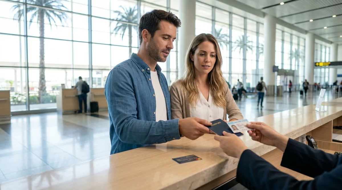 Customer handing documents to an agent at a Miami airport car rental counter