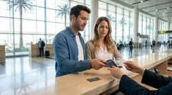 Customer handing documents to an agent at a Miami airport car rental counter