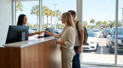 Hand holding a credit card next to the steering wheel of a car rental vehicle on a sunny Florida road