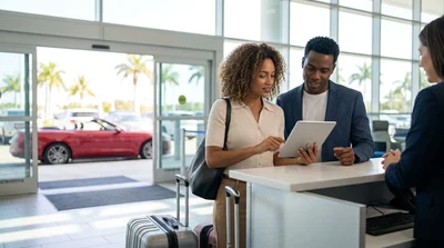 Customer receiving keys at a car rental counter inside the Miami airport