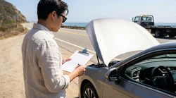 Driver inspecting the exterior of a car rental in a sunny California parking lot