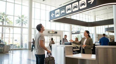 Travelers looking at overhead signs above a shared car hire counter at LAX in Los Angeles