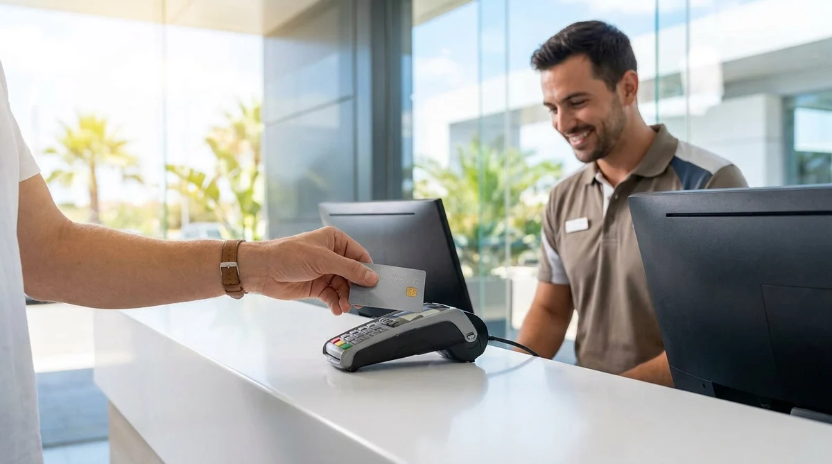 Customer handing a credit card to an agent at a car hire counter in Miami