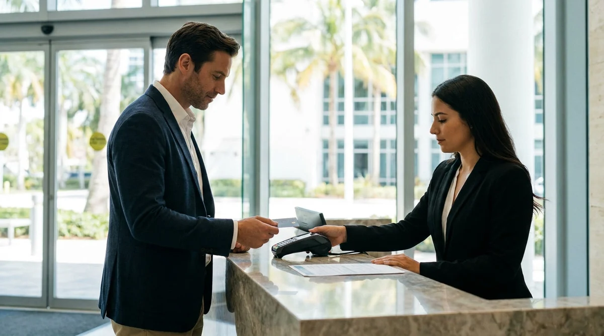 Close up of a hand placing a credit card on a car rental counter in Miami