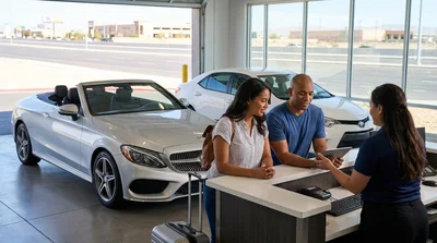 Customer receiving keys at a Las Vegas car rental counter with luxury vehicles outside