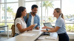 A customer showing a driver's license at a car hire desk in a sunny Florida airport