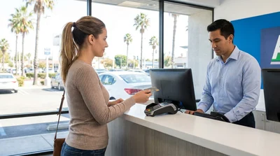 A person handing a credit card to an agent at a car hire counter in Los Angeles