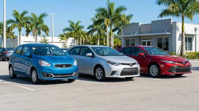 Row of economy and compact vehicles parked at a Miami car hire lot under bright palm trees