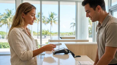 Woman holding a credit card and car keys outside a car rental office in Miami