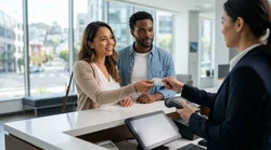 Customer handing a physical credit card to an agent at a car rental counter in San Francisco