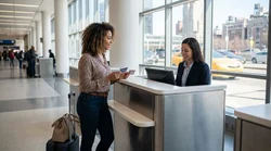 Woman presenting a credit card to an agent at a car rental desk in New York