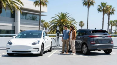 Electric vehicle charging next to a petrol car parked at a sunny California car rental lot