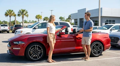 Two people driving a car rental along a scenic California coastal highway overlooking the ocean