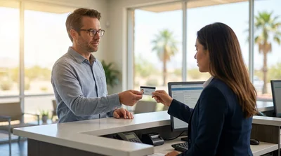 Person wearing glasses showing a driving licence to an agent at a car rental desk in Texas