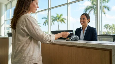 Customer handing a credit card to an agent at a car rental counter in Florida