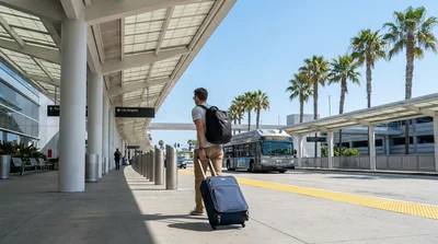 Traveler rolling a suitcase toward a parked car rental vehicle on a sunny street in Los Angeles