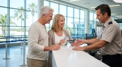 Older couple smiling inside a car rental on a sunny Florida beach road