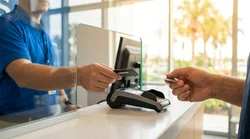 Customer presenting two credit cards to an agent at a car hire counter in Florida