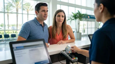 Customer inserting a credit card into a payment terminal at an Orlando car hire desk