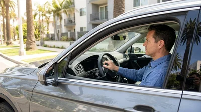 Driver using steering wheel hand controls inside an accessible car rental vehicle on a sunny Los Angeles street