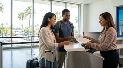 Customer showing a licence to an agent at a car hire counter in Los Angeles