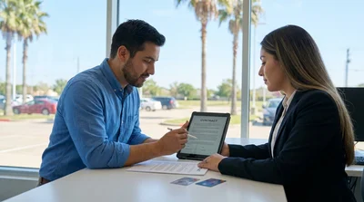 Close up of a person signing a car hire contract at a desk in Texas with keys nearby