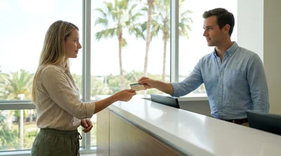 Close-up of hands passing a driver's licence and keys at a car rental counter in Florida