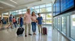 Traveler holding a passport and suitcase at a car rental desk in Orlando