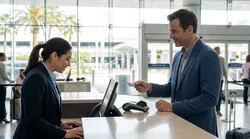 Person handing a credit card to an agent at a car hire desk in the United Estates