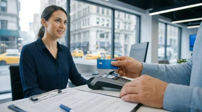 Customer holding two credit cards at a New York car rental desk with car keys on the counter