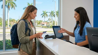 Customer handing a credit card to an agent at a car hire desk in sunny Florida