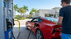 Woman pumping gas into a white car rental at a sunny Florida gas station with palm trees