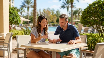 Person reading a document next to a car hire parked under palm trees in Orlando