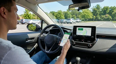 Smartphone showing a map on the dashboard of a car rental parked on a street in Pennsylvania