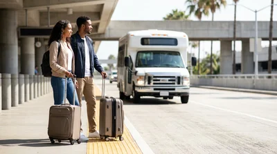 Hola shuttle bus at the LAX arrivals curb in Los Angeles picking up car rental passengers