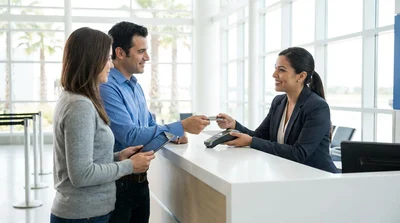 Person handing a credit card to an agent at a car rental desk in Orlando