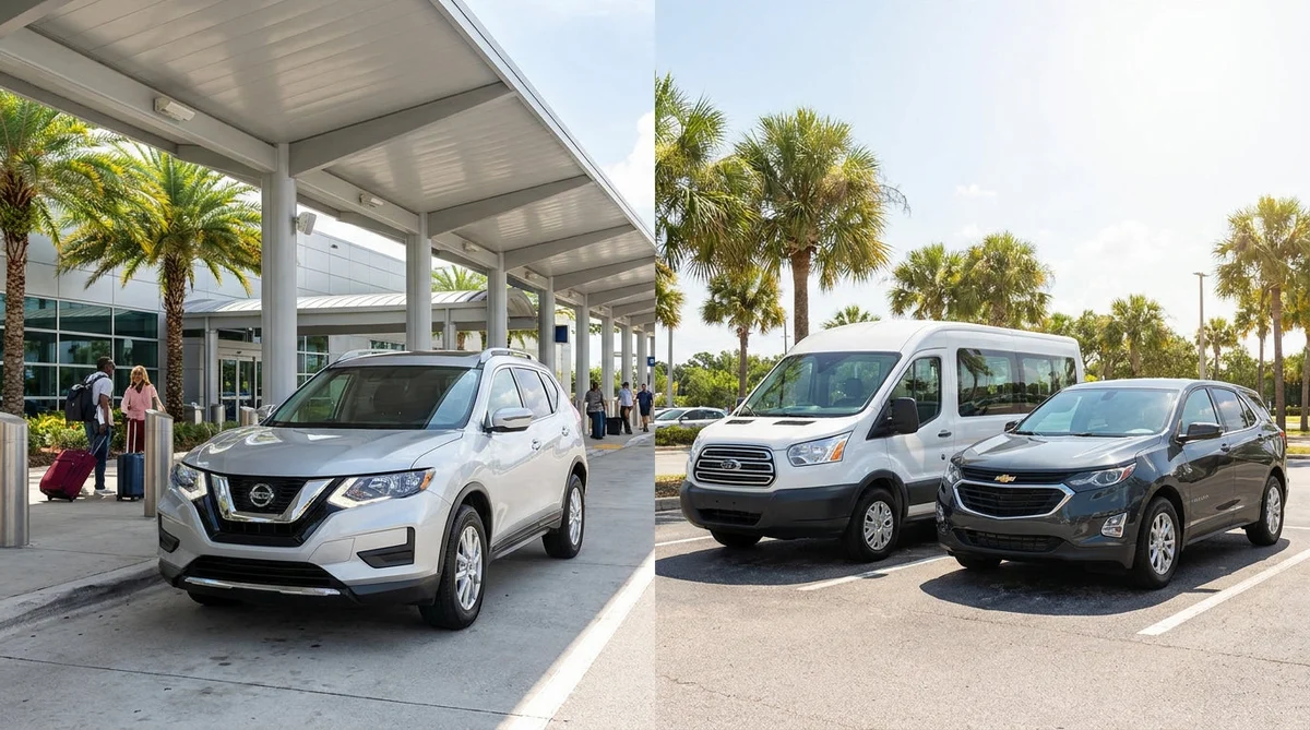 Travelers boarding a shuttle bus next to parked vehicles at an Orlando car rental lot