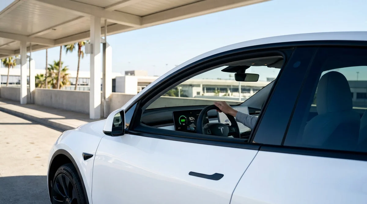 White electric car rental plugged into a charging station at a sunny Los Angeles lot