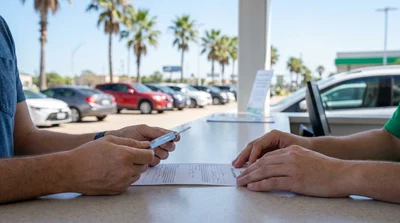 Person signing a credit card slip at a car hire counter in Texas