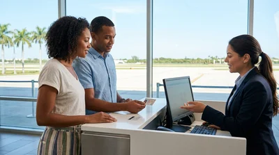 Customer handing an ID card to an agent at a Florida car rental counter