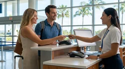 Customer handing a credit card to an agent at a car hire counter in Florida