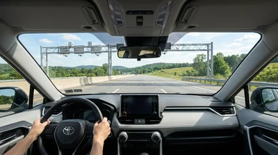 Driver in a car rental passing under an electronic toll gantry on a Pennsylvania highway