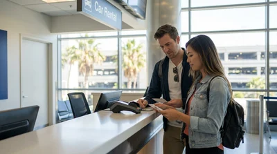 Person handing a credit card to an agent at a car rental desk in California