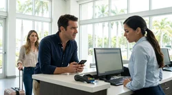 Person holding a credit card at a car rental counter in a sunny Miami airport terminal