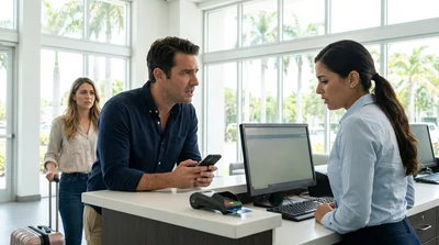 Person holding a credit card at a car rental counter in a sunny Miami airport terminal