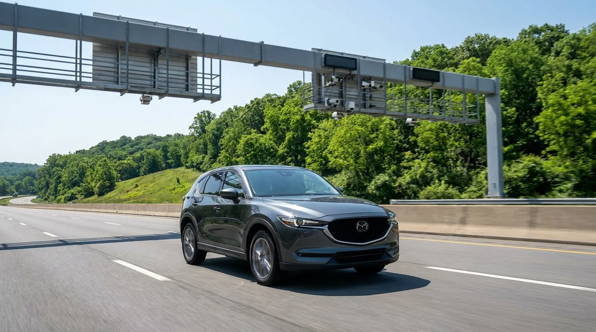 Silver car rental passing under a highway toll gantry on a sunny day in Pennsylvania