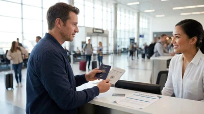 Person handing over a driver's licence at a car rental desk in the United Estates