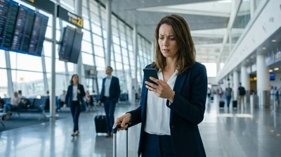 Traveler walking with luggage toward a car hire counter inside a busy terminal at JFK Airport in New York