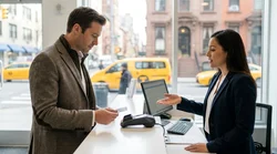 A person paying with a credit card at a car hire counter with a busy New York street out the window